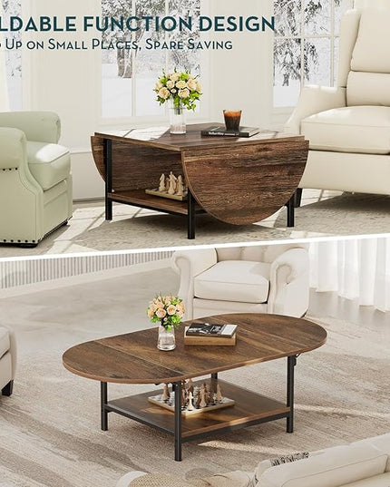 SAYGOER Coffee Table Mid Century Modern Extended Coffee Tables 2-Tier Storage Vintage Table for Living Room Farmhouse Center Table with Two Foldable Panel for Any Large or Small Space, Rustic Brown - LeafyLoom