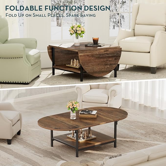 SAYGOER Coffee Table Mid Century Modern Extended Coffee Tables 2-Tier Storage Vintage Table for Living Room Farmhouse Center Table with Two Foldable Panel for Any Large or Small Space, Rustic Brown - LeafyLoom