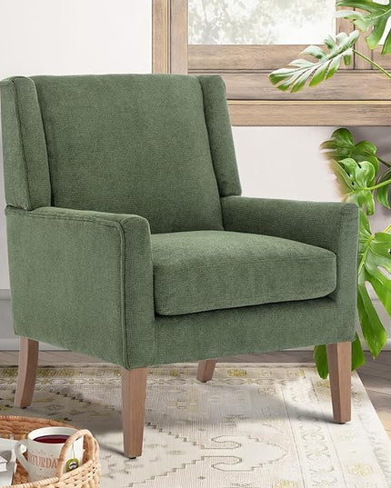 COLAMY Modern Wingback Living Room Chair, Upholstered Fabric Accent Armchair, Single Sofa chair with Lounge Seat and Wood Legs for Bedroom/Office/Reading Spaces, Green - LeafyLoom