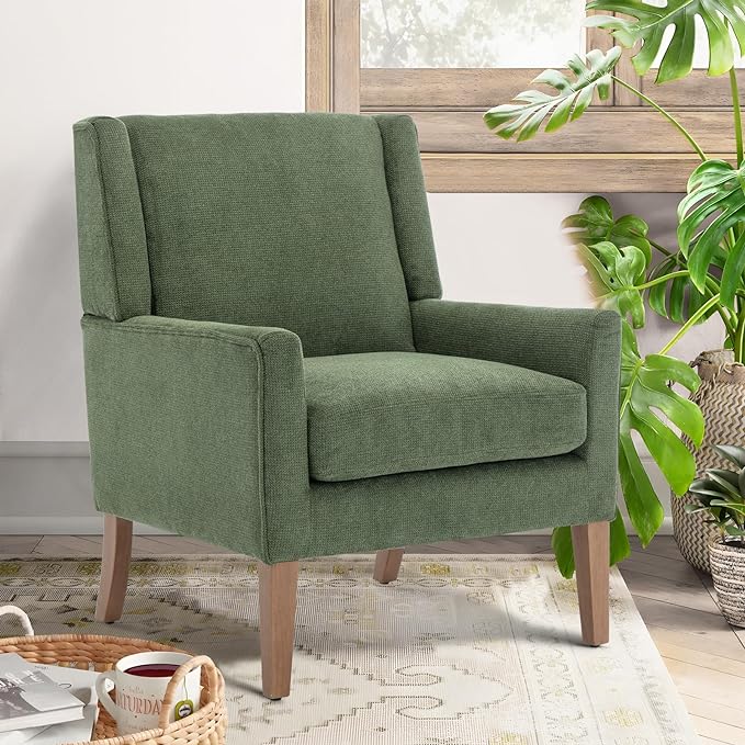 COLAMY Modern Wingback Living Room Chair, Upholstered Fabric Accent Armchair, Single Sofa chair with Lounge Seat and Wood Legs for Bedroom/Office/Reading Spaces, Green - LeafyLoom