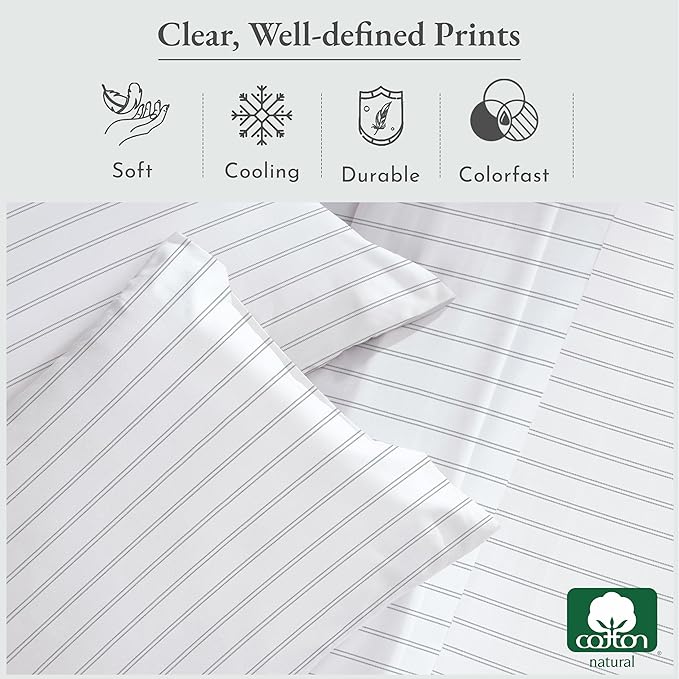 California Design Den Stripe Sheets Queen Size, 100% Cotton Sateen Printed Pattern, 4 Pc Deep Pocket Queen Sheets & Pillowcase Set - Classic Stripe - LeafyLoom