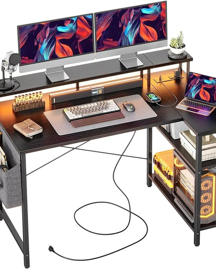 L Shaped Gaming Desk with Power Outlets, 47 Inch Computer Desk with LED Lights and Reversible Shelves, Corner Desk Work Desk for Home Office Bedroom, Black - LeafyLoom