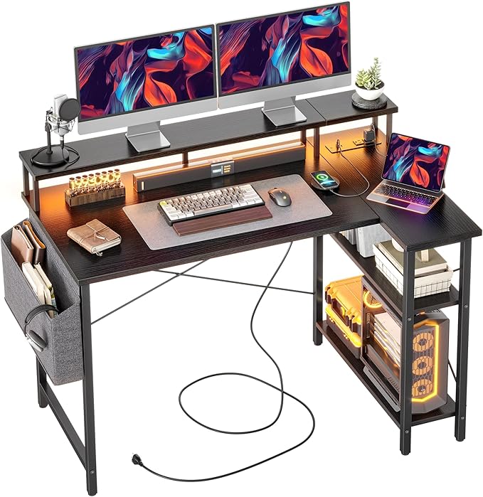 L Shaped Gaming Desk with Power Outlets, 47 Inch Computer Desk with LED Lights and Reversible Shelves, Corner Desk Work Desk for Home Office Bedroom, Black - LeafyLoom