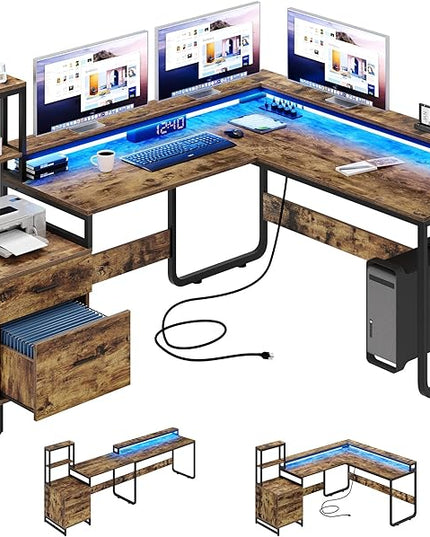 YITAHOME L Shaped Desk with Power Outlets & LED Lights, Reversible Computer Desk with Drawers & Hutch, Corner Desk Office Desk with Monitor Stand, Printer Stand, 2 Person Desk, Rustic Brown - LeafyLoom