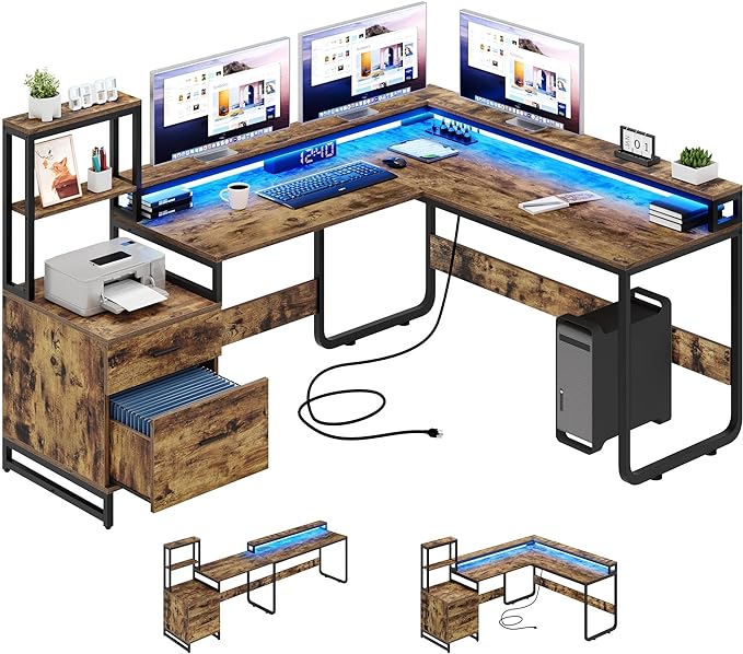 YITAHOME L Shaped Desk with Power Outlets & LED Lights, Reversible Computer Desk with Drawers & Hutch, Corner Desk Office Desk with Monitor Stand, Printer Stand, 2 Person Desk, Rustic Brown - LeafyLoom