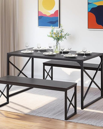 VECELO 55" Kitchen Table Set for 6, Wood Dining Room Dinette 2 Benches with Metal Frame for Breakfast Nook and Small Space, Black - LeafyLoom