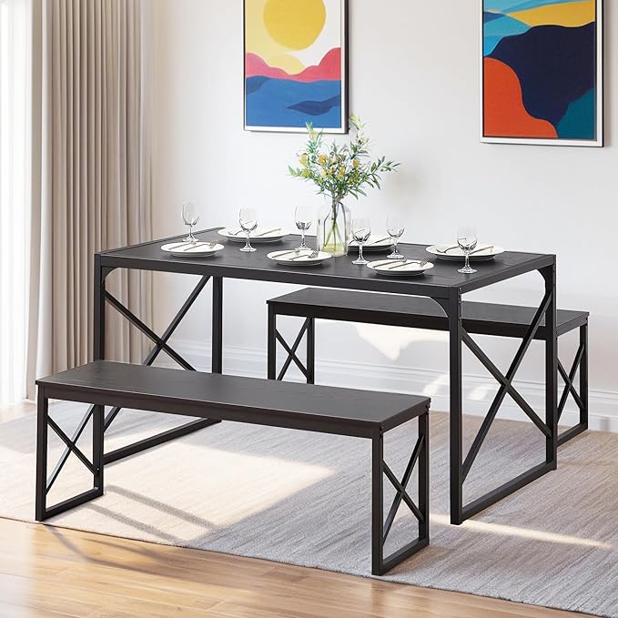 VECELO 55" Kitchen Table Set for 6, Wood Dining Room Dinette 2 Benches with Metal Frame for Breakfast Nook and Small Space, Black - LeafyLoom