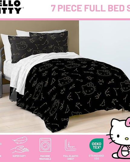 Jay Franco Hello Kitty Stars Full Comforter Set - 7 Piece Bedding includes Sheet Set & Pillow Covers - Super Soft Zodiac Black & Gold Bedding - LeafyLoom