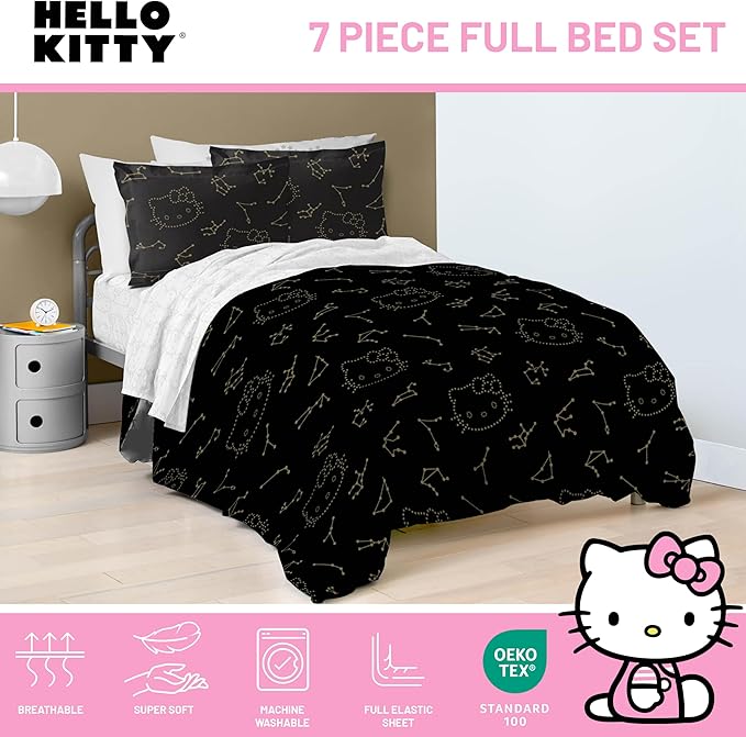 Jay Franco Hello Kitty Stars Full Comforter Set - 7 Piece Bedding includes Sheet Set & Pillow Covers - Super Soft Zodiac Black & Gold Bedding - LeafyLoom