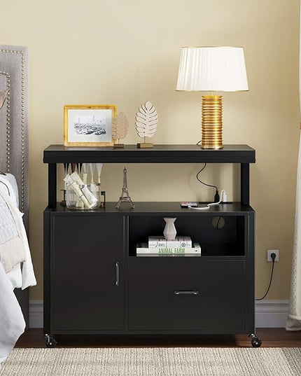 YITAHOME Wood File Cabinet with Charging Station, Rolling Filing Cabinet Cart with Door, Industrial Nightstand with Printer Shelf for Home Office, Bedroom, Living Room, Entryway, Black - LeafyLoom