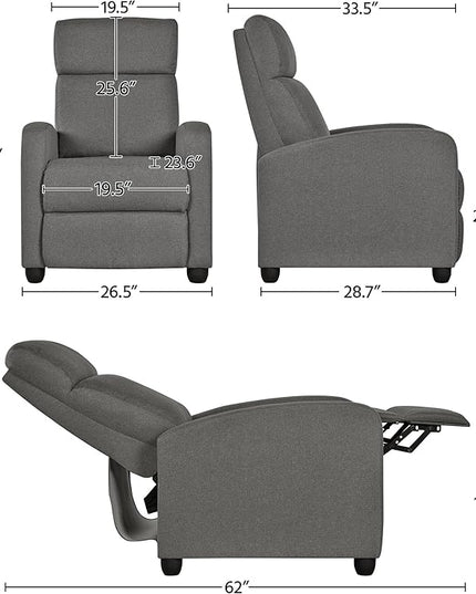 Yaheetech Fabric Recliner Chair Sofa Ergonomic Adjustable Single Sofa with Thicker Seat Cushion Modern Home Theater Seating for Living Room Matte Grey - LeafyLoom
