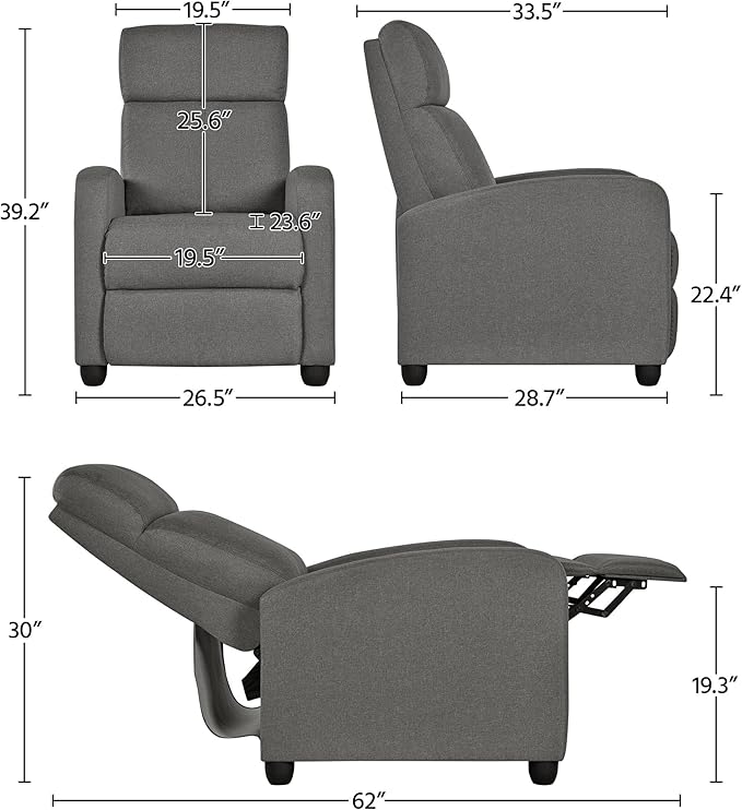Yaheetech Fabric Recliner Chair Sofa Ergonomic Adjustable Single Sofa with Thicker Seat Cushion Modern Home Theater Seating for Living Room Matte Grey - LeafyLoom