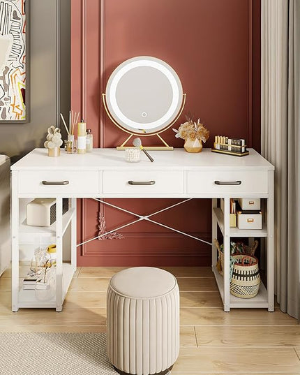 ODK Office Small Computer Desk: Home Table with Fabric Drawers & Storage Shelves, Modern Writing Desk, White, 48"x16" - LeafyLoom
