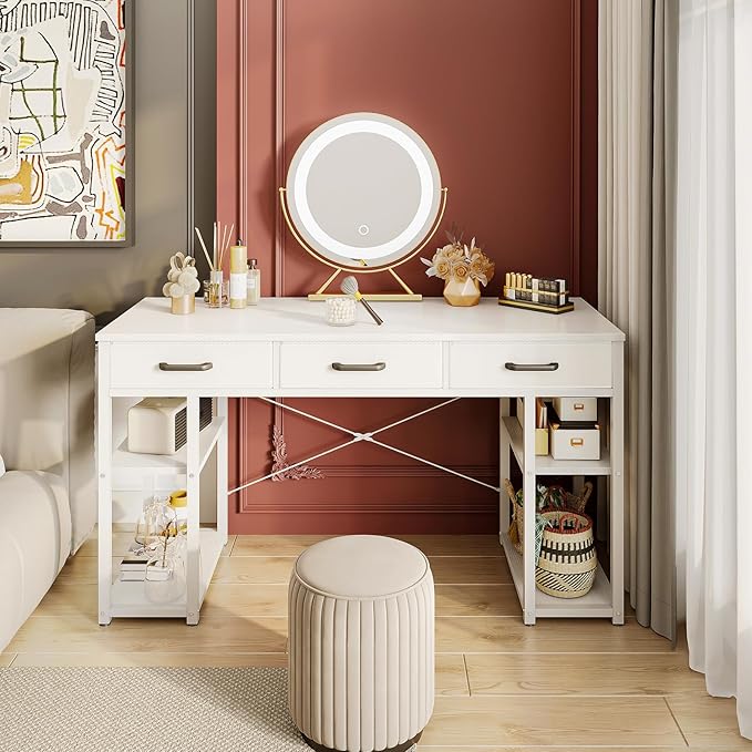 ODK Office Small Computer Desk: Home Table with Fabric Drawers & Storage Shelves, Modern Writing Desk, White, 48"x16" - LeafyLoom