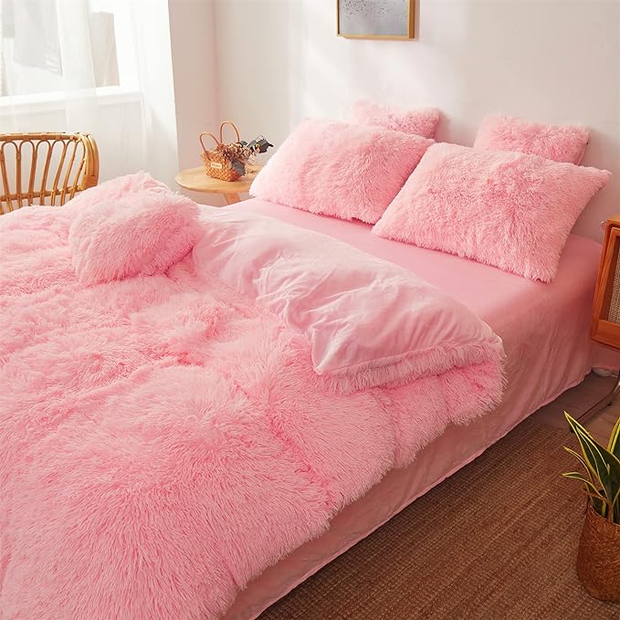 Fluffy Faux Fur Pink Comforter Cover Set Queen - Ultra Soft Plush Pink Bedding Sets 3 Pieces (1 fluffy duvet cover + 2 Faux Fur Pillow case) Cute Pink Bed Set (Light Pink, Queen) - LeafyLoom