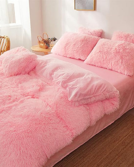 FOPPA pink fluffy Comforter Cover Set king- Ultra Soft fluffy Pink Bedding Sets 3 Pieces (1 Duvet Cover + 2 Pillow case) pink fluffy bed set (Light Pink, King) - LeafyLoom