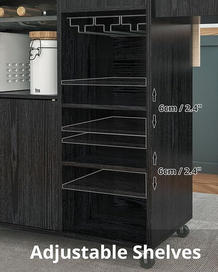IRONCK Rolling Kitchen Island Cart with Drop-Leaf and Wine Rack, Microwave Rack Serving Cart on Wheels with Drawer & Shelves & Spice Rack & Cup Hanging, Black - LeafyLoom