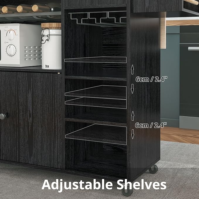 IRONCK Rolling Kitchen Island Cart with Drop-Leaf and Wine Rack, Microwave Rack Serving Cart on Wheels with Drawer & Shelves & Spice Rack & Cup Hanging, Black - LeafyLoom