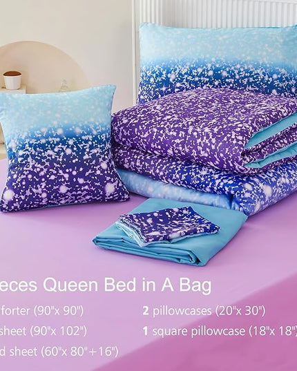 PERFEMET Queen Comforter Set with Sheets, 6 Pcs Blue Purple Girls Bedding Set, Tie Dye Rainbow Comforter for Queen Size Bed, Colorful Ombre Bedroom Decor Bed in A Bag for Teens Girls - LeafyLoom