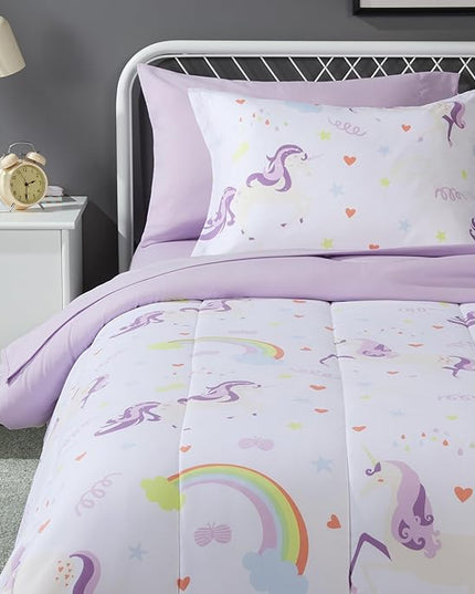 Amazon Basics Microfiber Kid's Bed-in-a-Bag 5 Piece Bedding Set, Twin, Unicorn Print - LeafyLoom