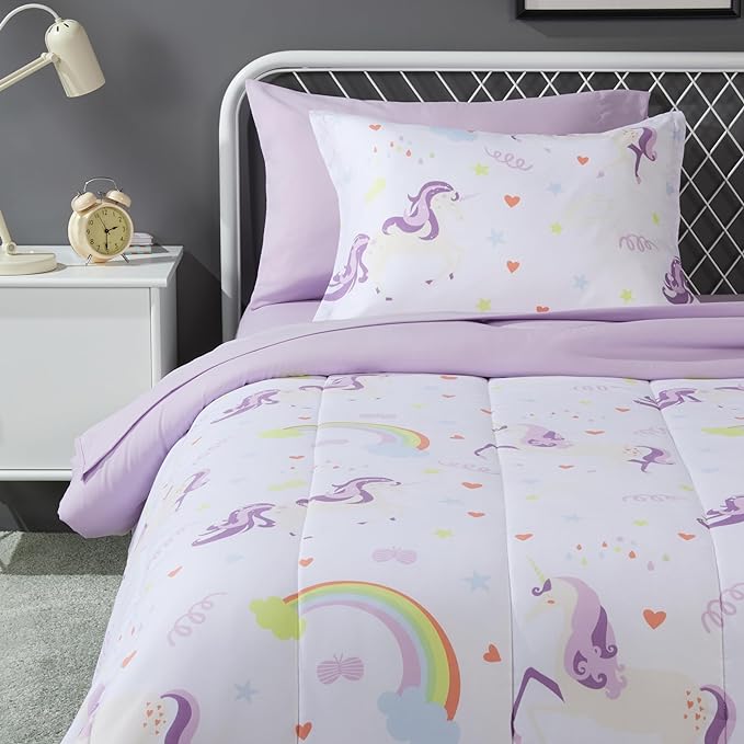 Amazon Basics Microfiber Kid's Bed-in-a-Bag 5 Piece Bedding Set, Twin, Unicorn Print - LeafyLoom