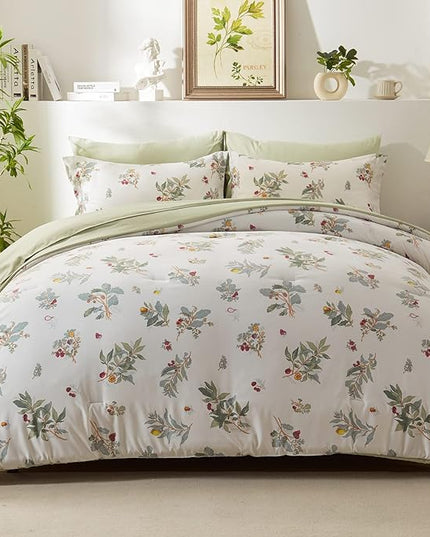 EMME Botanical Sage Green Comforter Set King Size 7 Pieces＿Brushed Microfiber Bed in a Bag for Girls, Ultra Soft Bedding Set with Sheets (Sage Green, King (7 Piece), Adult - LeafyLoom