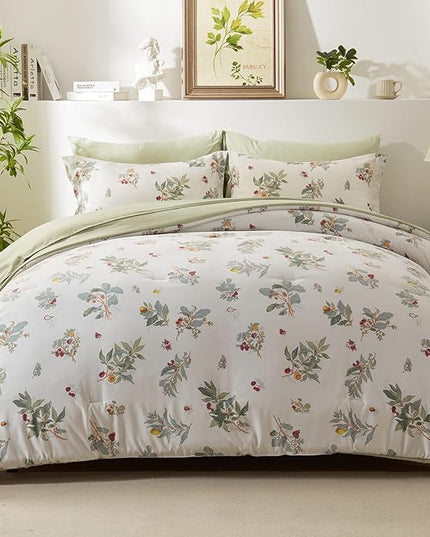 EMME Twin Comforter Set - Sage Green Floral Bedding Set 5 PCS with Flowers Leaves Pattern, Soft Plant Printed Botanical Bed Set with Sheets, Fluffy Bed Bag for All Season(68"X90") - LeafyLoom