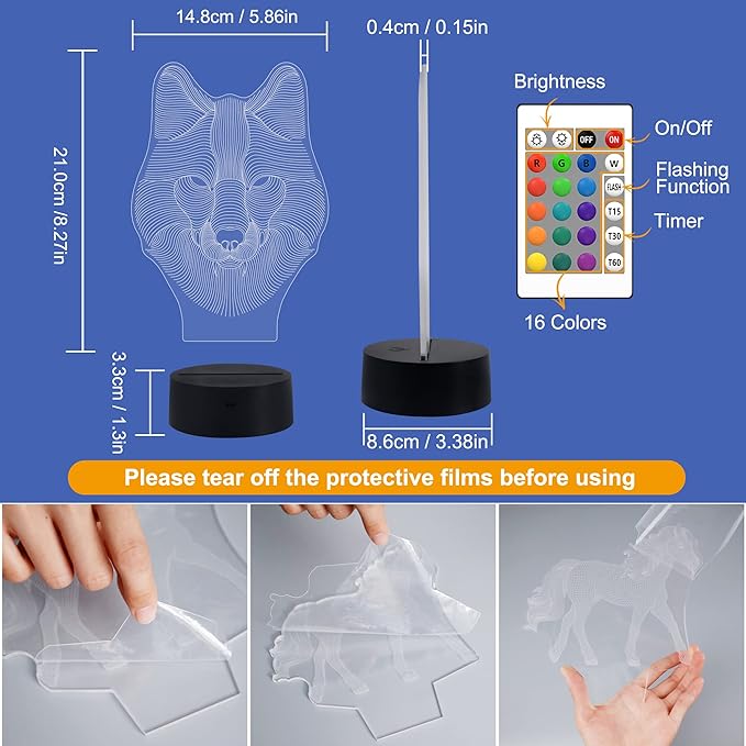 FULLOSUN 3D Wolf Night Light, Optical Illusion Lamp for Home Decor & Co-Sleeping,Remote Controller with 16 Color Changing Birthday Gifts for Kids, Boys & Men - LeafyLoom