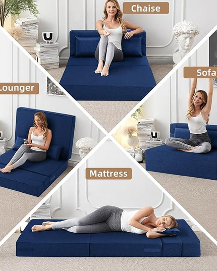 Convertible Folding Sofa Bed-Sleeper Chair with Pillow, Modern Linen Fabric Floor & Futon Couch, Foldable Mattress for Living Room/Dorm/Guest Use/Home Office/Apartment, Queen Size,Navy Blue - LeafyLoom