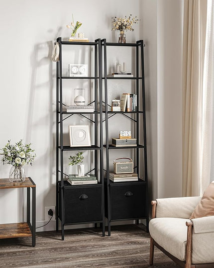 Narrow Bookshelf Bookcase with Drawer, Ladder Shelf with 2 Hooks, Bookshelves Storage Organizer, Freestanding Display Standing for Home Office, Bedroom, 6 Tier Black BC19604B - LeafyLoom