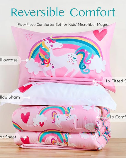 Joiedomi Kid Twin Comforter Set - 5 Piece Unicorn Rainbow Bedding Set for Boys/Girls - Super Soft Microfiber Bed in a Bag with Comforter, Sheets, Pillowcase & Sham - LeafyLoom