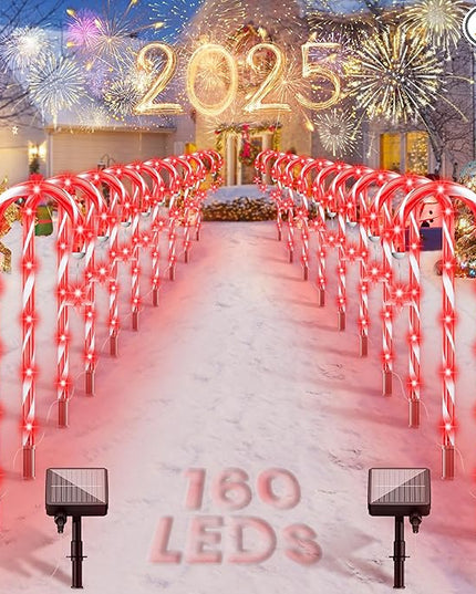 AOSEA 20 Pack Christmas Decorations Outdoor, 160 Red LEDs Solar Christmas Candy Cane Lights, Solar Pathway Lights with 8 Lighting Modes, Waterproof Solar Lights for Yard, Walkway, Lawn, Garden Decor AOSEA