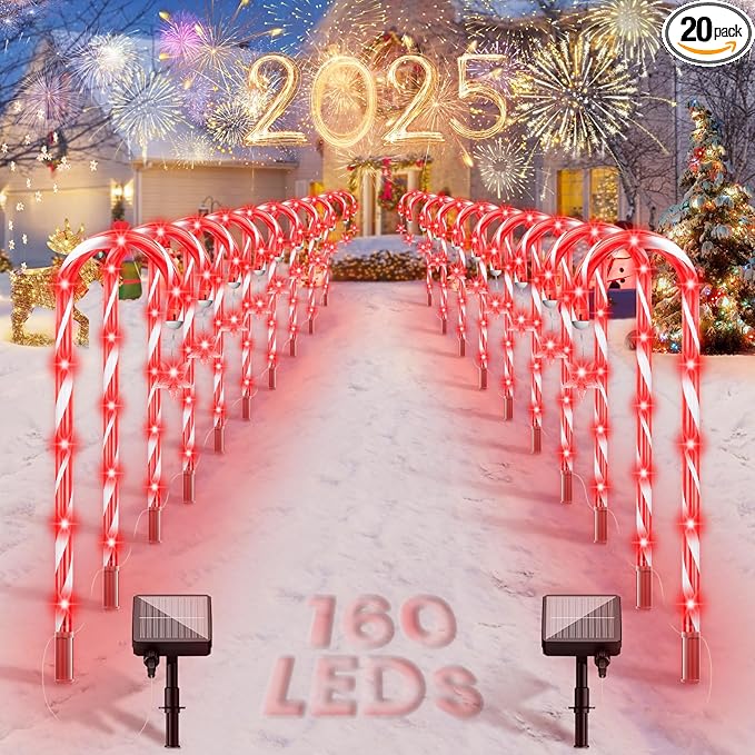 AOSEA 20 Pack Christmas Decorations Outdoor, 160 Red LEDs Solar Christmas Candy Cane Lights, Solar Pathway Lights with 8 Lighting Modes, Waterproof Solar Lights for Yard, Walkway, Lawn, Garden Decor AOSEA