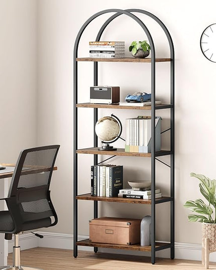 IDEALHOUSE Bookshelf 5 Tier Bookcase Arched Display Racks Tall Standing Bookshelves Metal Frame Rustic Storage Rack Shelf Brown Book Shelf for Bedroom, Living Room, Home Office, Rustic Brown - LeafyLoom