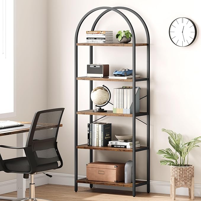 IDEALHOUSE Bookshelf 5 Tier Bookcase Arched Display Racks Tall Standing Bookshelves Metal Frame Rustic Storage Rack Shelf Brown Book Shelf for Bedroom, Living Room, Home Office, Rustic Brown - LeafyLoom