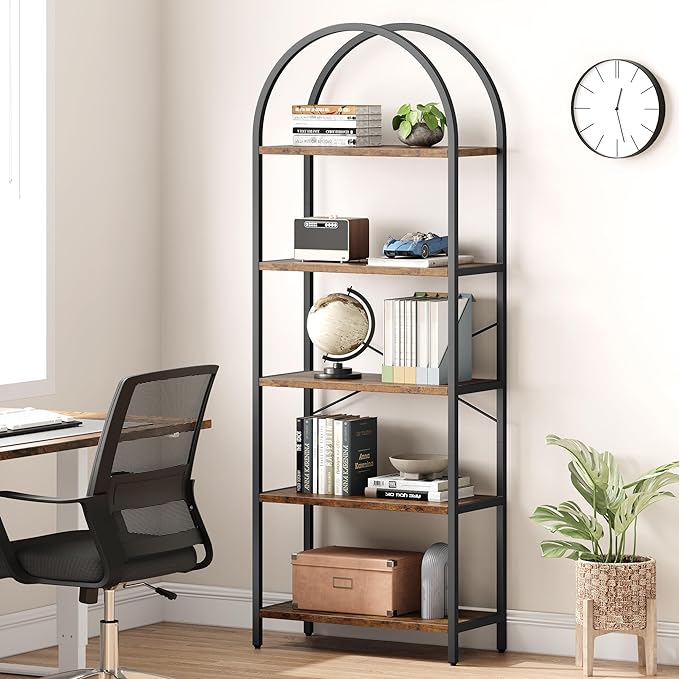 GAOMON 5 Tier Bookshelf Arched Bookcase Modern Standing Bookshelves Tall Display Racks Metal Book Shelf for Bedroom, Living Room, Home Office - LeafyLoom