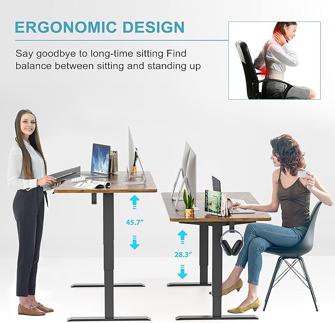 Monomi Electric Height Adjustable Standing Desk, 48x24 Inches, Ergonomic Home Office Sit/ Stand Up Desk (Black Steel Frame/Rustic Brown Top) - LeafyLoom