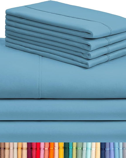 LuxClub 7 PC Split King Sheet Set, Breathable Luxury Bed Sheets, Deep Pockets 18" Eco Friendly Wrinkle Free Cooling Sheets Machine Washable Hotel Bedding Silky Soft - Light Blue Split King - LeafyLoom