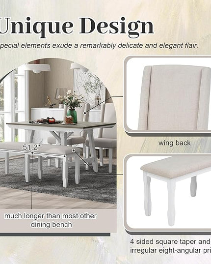 78Inch Dining Table Set for 6, Rectangular Extendable Dining Table with two 12" W Removable Leaves and 4 Upholstered Chairs & 1 Bench for Dining Room, Brown+White - LeafyLoom