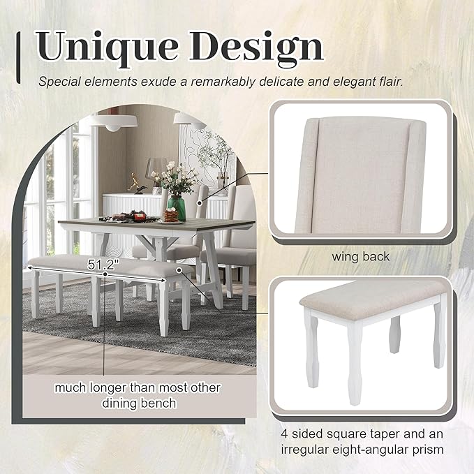 78Inch Dining Table Set for 6, Rectangular Extendable Dining Table with two 12" W Removable Leaves and 4 Upholstered Chairs & 1 Bench for Dining Room, Brown+White - LeafyLoom