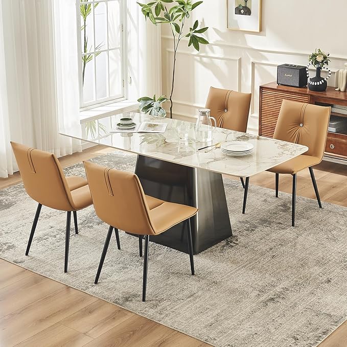 YOUTASTE Dining Chairs Set of 2 Mid Century Modern Upholstered Leather Kitchen Chairs Soft Padded Side Chairs Dinner Chairs with Metal Legs for Living Room Bedroom, Camel - LeafyLoom