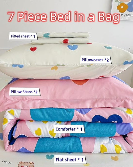7 Piece Kids Pink Heart Bedding Sets Twin Comforter Set with Sheets - Colourful Reversible Heart Shaped Cute Bedding for Girls Kids - Love Quilt Bed in a Bag All Season - LeafyLoom