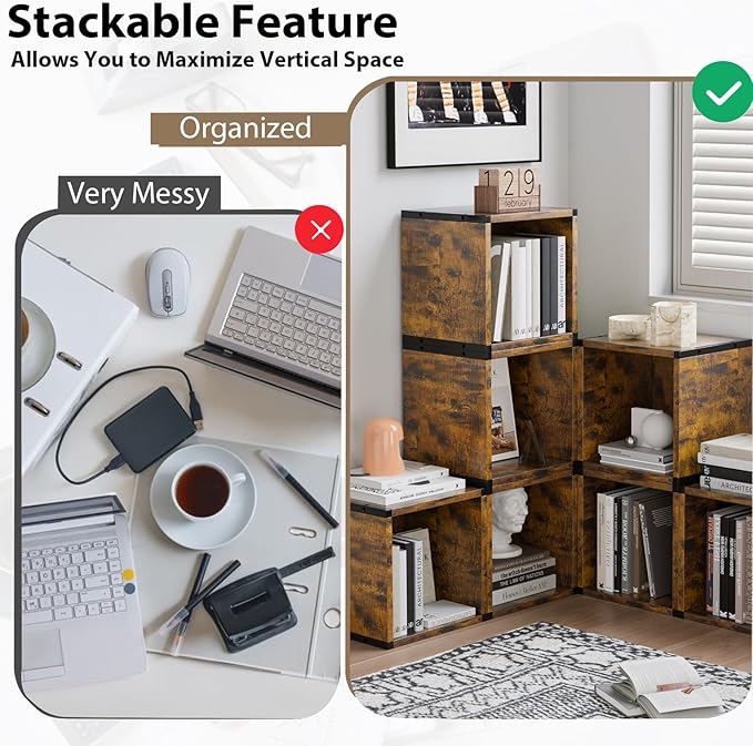 Cube Storage Organizer Connect Firmly to Each Other, Book Shelf Assembly Required, Suitable for Room Decor, Closet Organizers and Storage, Display Shelf (Rustic Brown, 10.39 * 10.39") - LeafyLoom