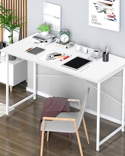 YSSOA Computer Desk Home Office Work Study Writing Modern Simple Table with Headphone Hooks, 47 Inch, Basic White - LeafyLoom