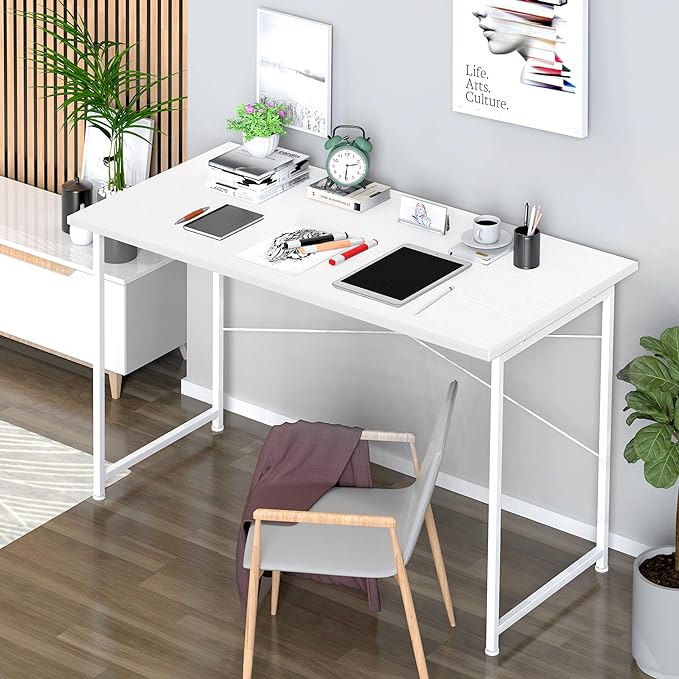 YSSOA Computer Desk Home Office Work Study Writing Modern Simple Table with Headphone Hooks, 47 Inch, Basic White - LeafyLoom