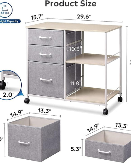 DEVAISE 3 Drawer Mobile File Cabinet, Rolling Printer Stand with Open Storage Shelf, Fabric Lateral Filing Cabinet fits A4 or Letter Size for Home Office, Light Grey - LeafyLoom