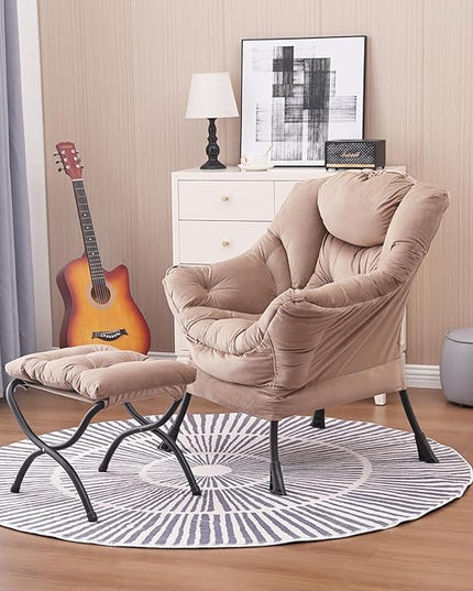 Lazy Chair and Ottoman, Large Accent Lounge Chair with Armrests and a Side Pocket, Modern Leisure Upholstered Sofa Reading Armchair with Footrest for Bedroom, Living Room, Dorm Rooms, Office - LeafyLoom