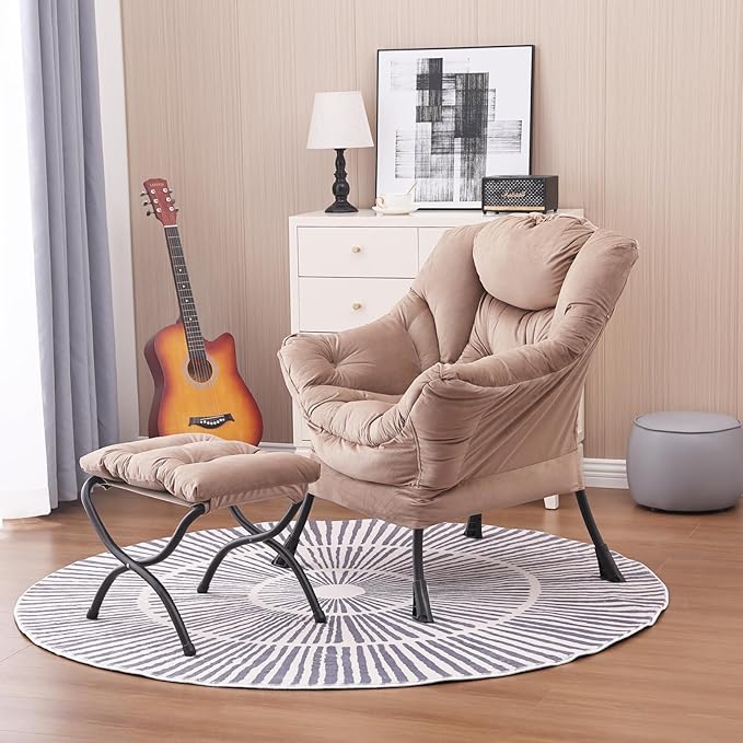 Lazy Chair and Ottoman, Large Accent Lounge Chair with Armrests and a Side Pocket, Modern Leisure Upholstered Sofa Reading Armchair with Footrest for Bedroom, Living Room, Dorm Rooms, Office - LeafyLoom