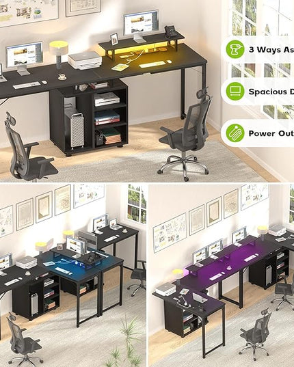 Cyclysio L Shaped Computer Desk, 58'' Reversible Gaming Desk with LED Strip & Adjustable Monitor Stand, Office Desk with Black Cabinet & Outlets, Corner Desk 2 Person Writing Study Table, Black - LeafyLoom