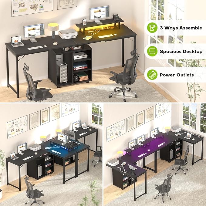 Cyclysio L Shaped Computer Desk, 58'' Reversible Gaming Desk with LED Strip & Adjustable Monitor Stand, Office Desk with Black Cabinet & Outlets, Corner Desk 2 Person Writing Study Table, Black - LeafyLoom
